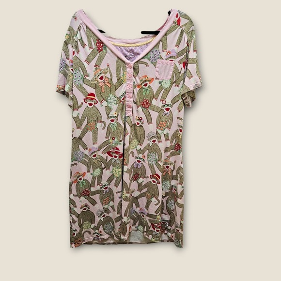 Nick & Nora XXL Sleepwear Pink Sock Monkey Print Knit Henley Nightshirt - Picture 1 of 8